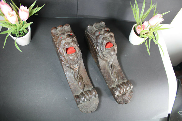 PAIR antique wood carved head ornaments cabinet