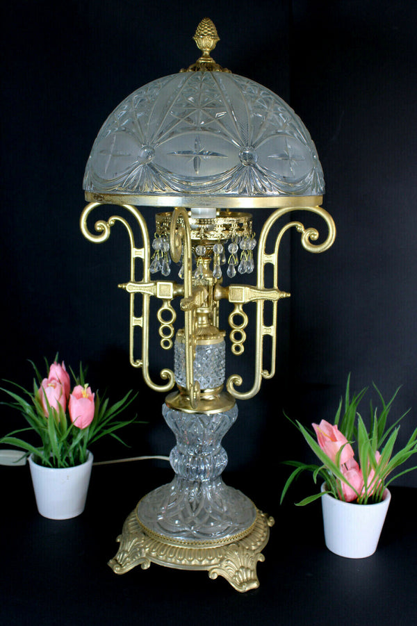 XL Vintage German Crystal glass Brass table lamp glass drops rare