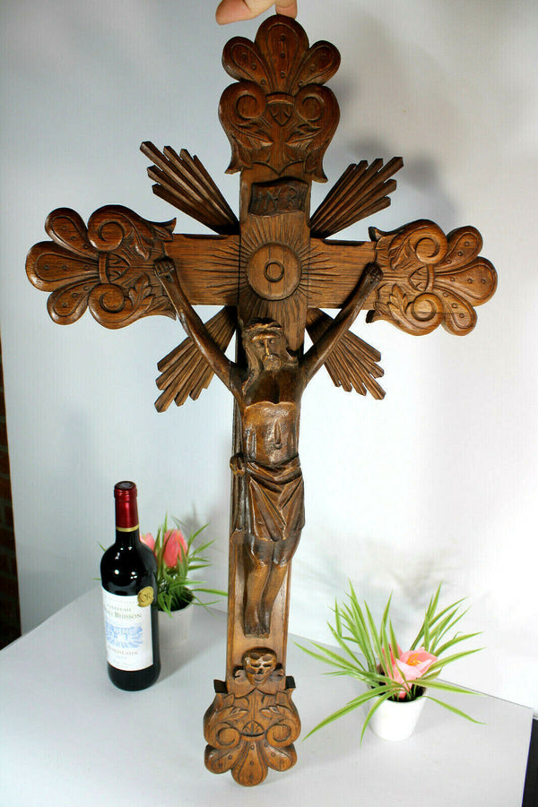 Antique French wood carved crucifix cross religious