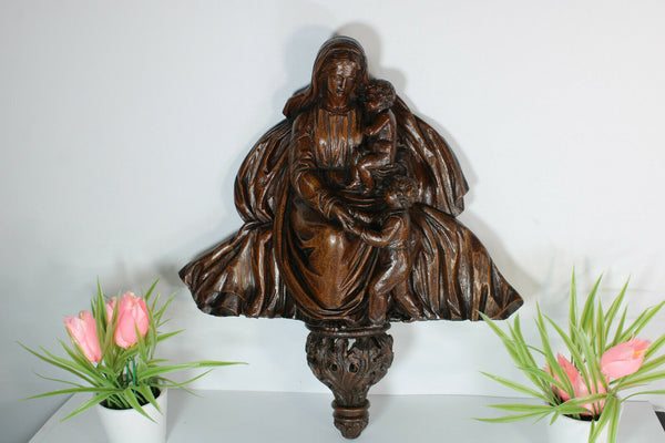 Antique 19thc Wood carved religious wall statue madonna jesus john baptist rare