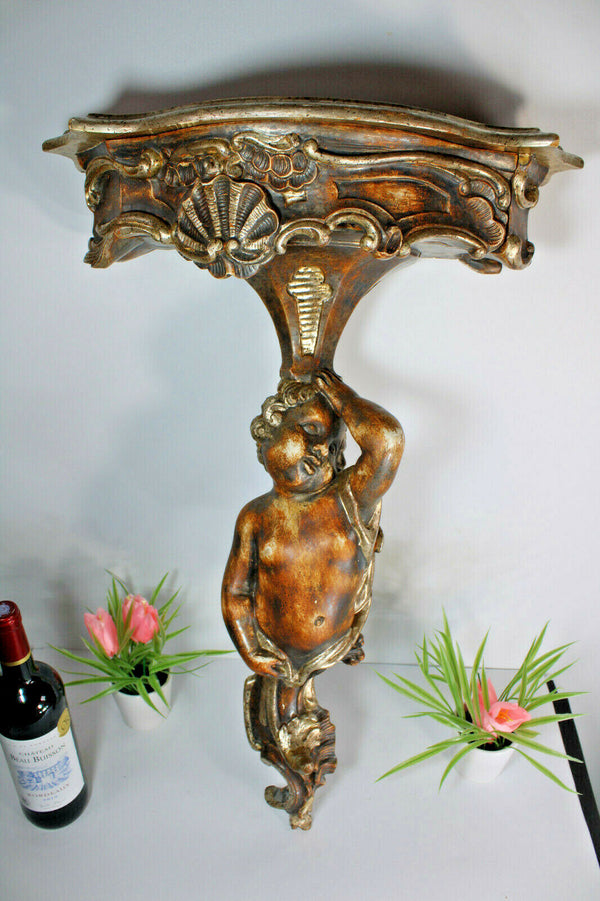 Vintage italian wood carved cherub putti wall console 1950s