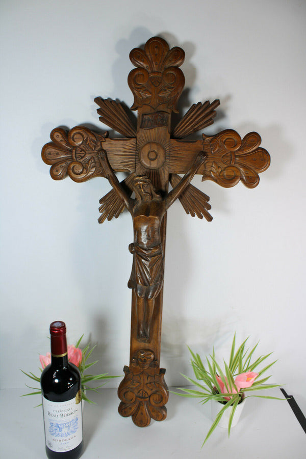 Antique French wood carved crucifix cross religious