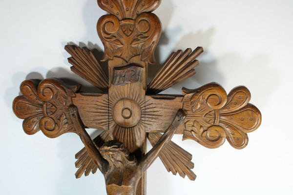 Antique French wood carved crucifix cross religious