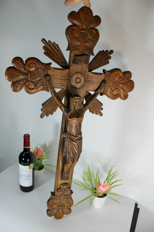 Antique French wood carved crucifix cross religious