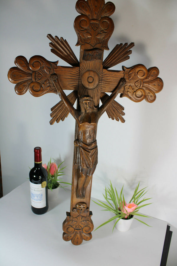 Antique French wood carved crucifix cross religious