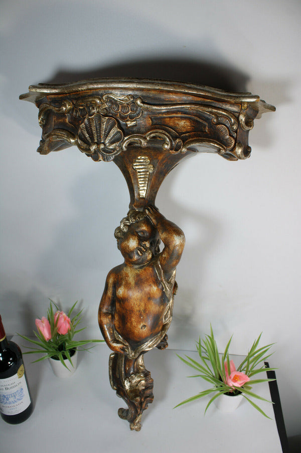 Vintage italian wood carved cherub putti wall console 1950s