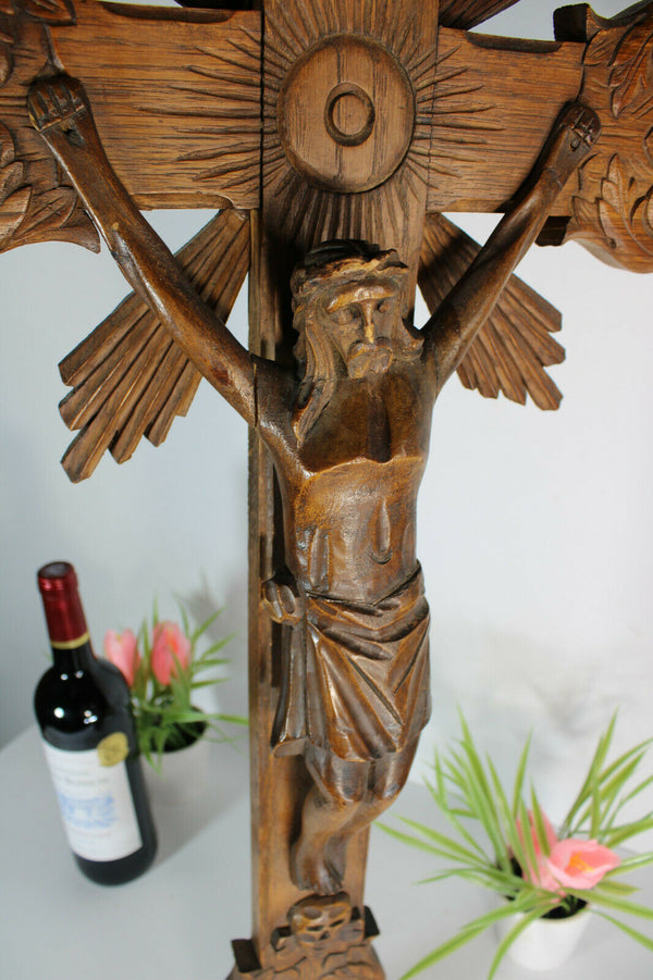 Antique French wood carved crucifix cross religious