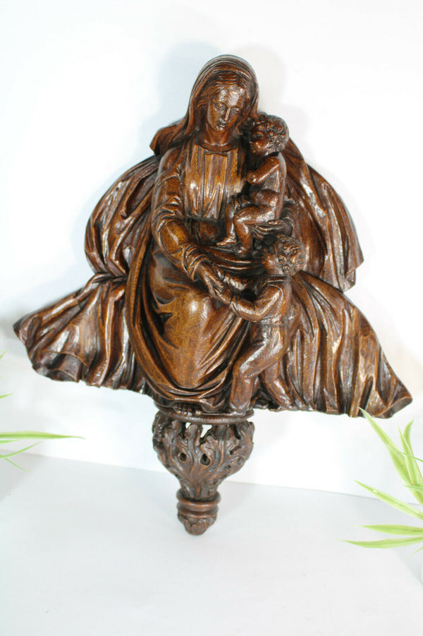 Antique 19thc Wood carved religious wall statue madonna jesus john baptist rare