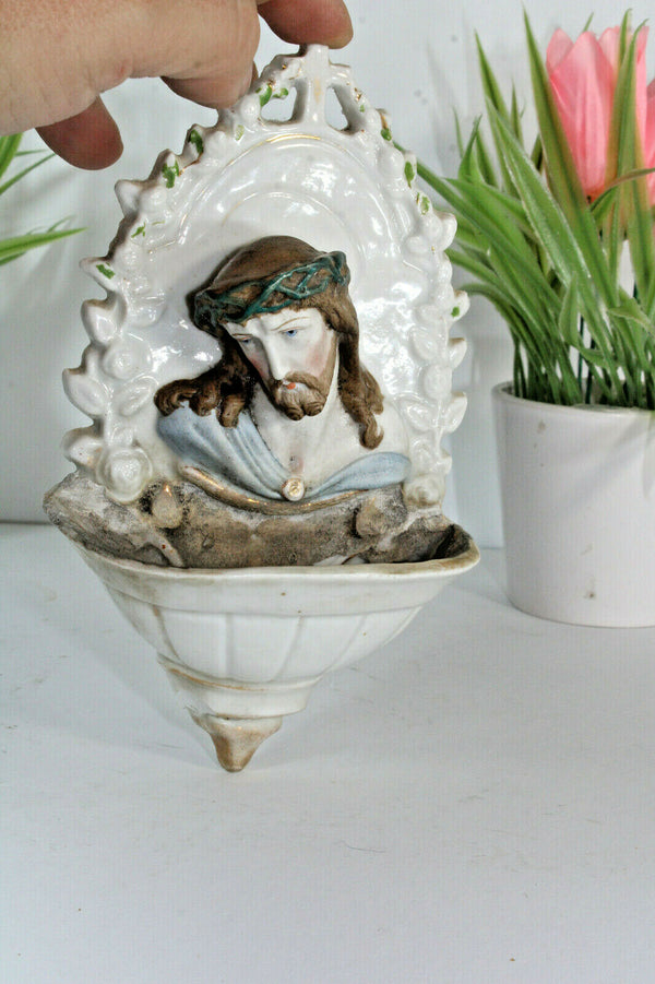 Antique French porcelain bisque rare holy water font christ religious