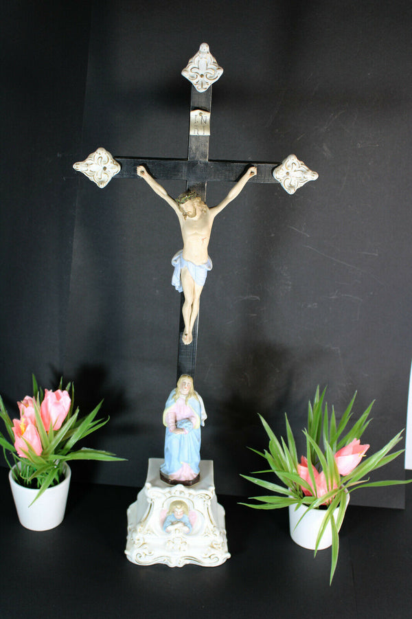 Antique XL vieux paris porcelain crucifix calvary angel base rare 19th