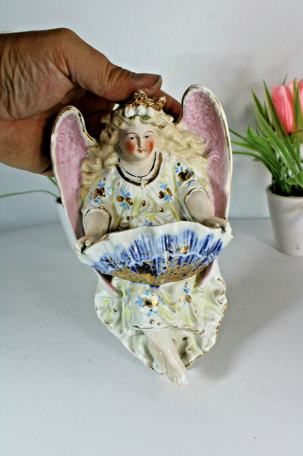 Antique French bisque porcelain angel figurine holy water font