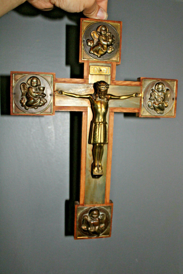 Vintage french crucifix wood metal angels 1960s