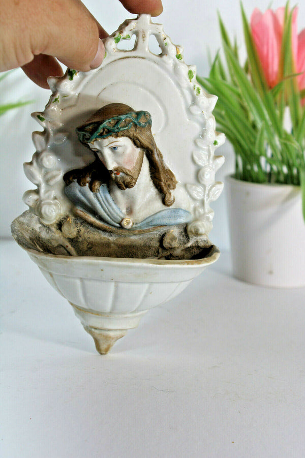 Antique French porcelain bisque rare holy water font christ religious