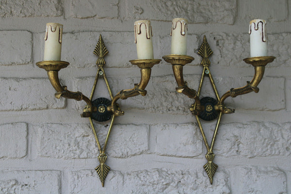 Vintage french pair bronze empire swan figurine wall lights sconces