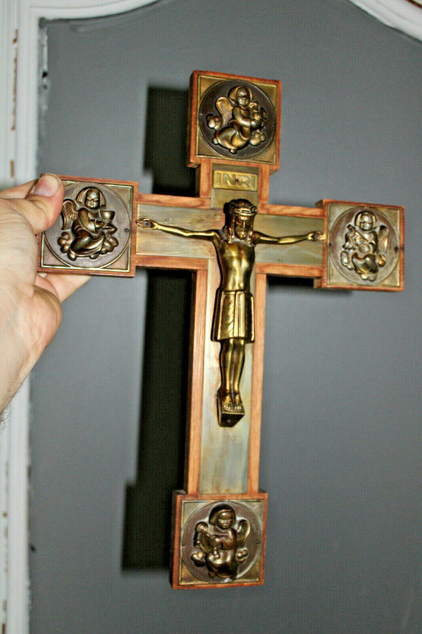 Vintage french crucifix wood metal angels 1960s