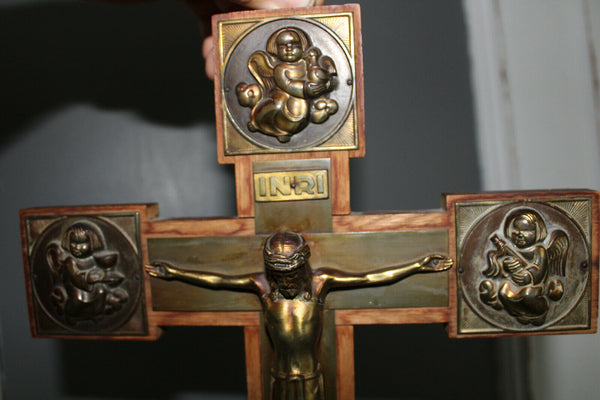 Vintage french crucifix wood metal angels 1960s