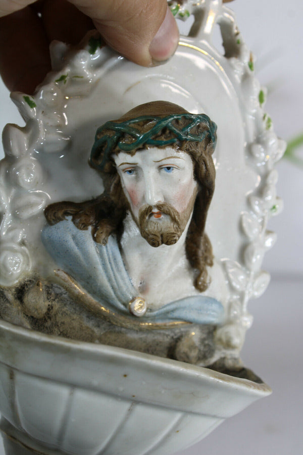 Antique French porcelain bisque rare holy water font christ religious