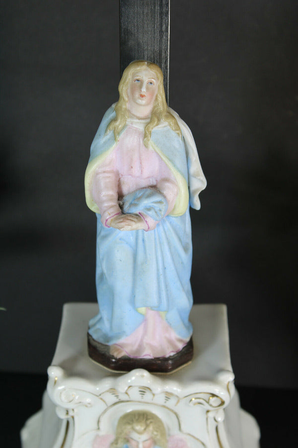 Antique XL vieux paris porcelain crucifix calvary angel base rare 19th