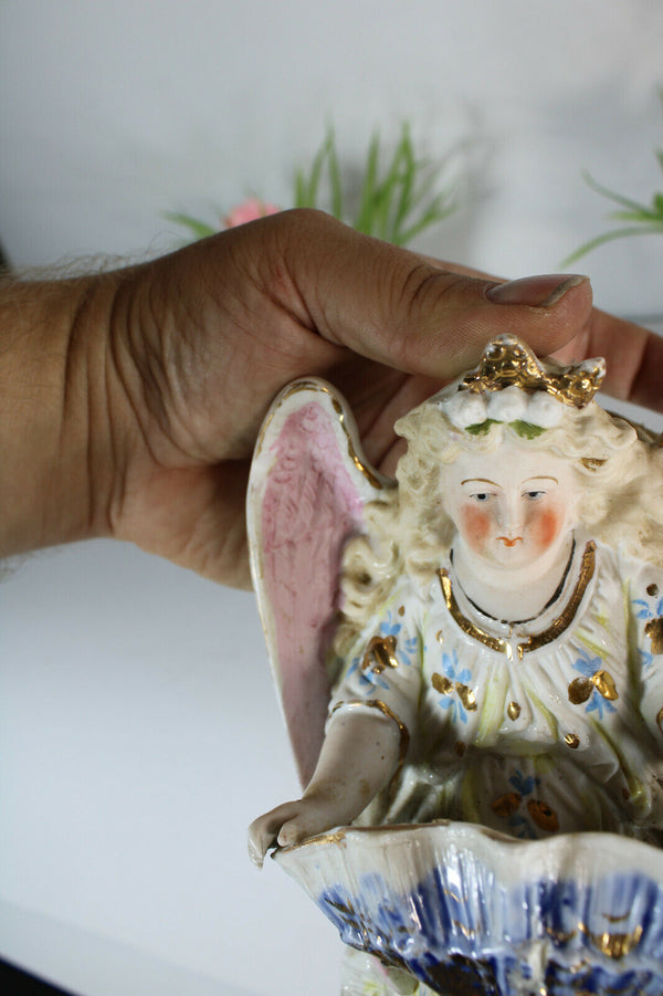 Antique French bisque porcelain angel figurine holy water font