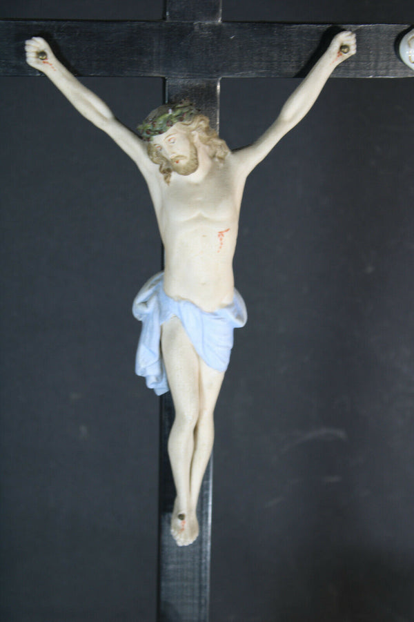 Antique XL vieux paris porcelain crucifix calvary angel base rare 19th