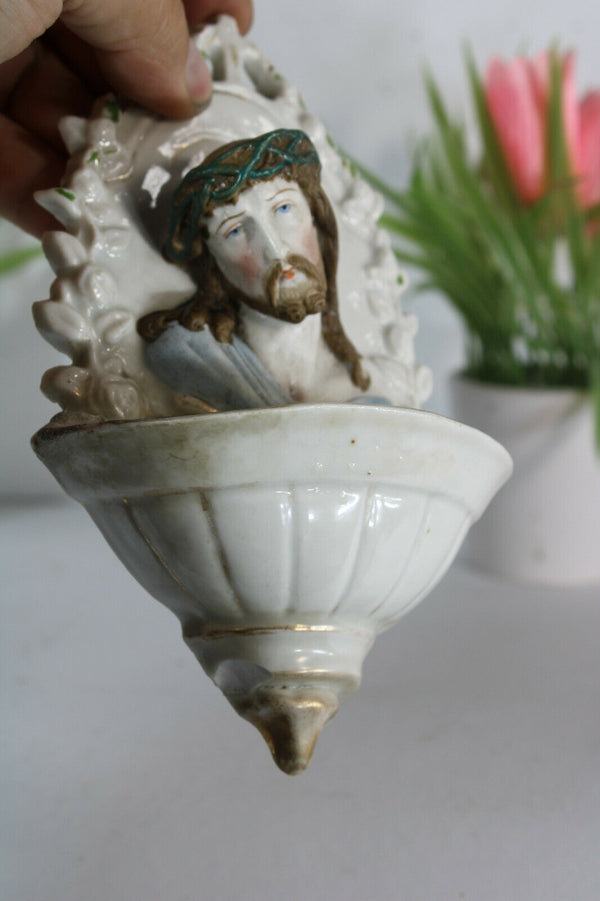 Antique French porcelain bisque rare holy water font christ religious