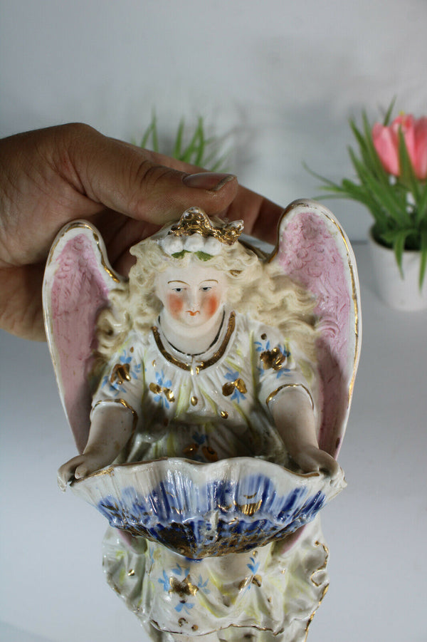 Antique French bisque porcelain angel figurine holy water font