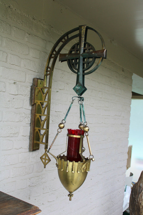 XL church Religious sanctuary lamp bronze glass wood rare