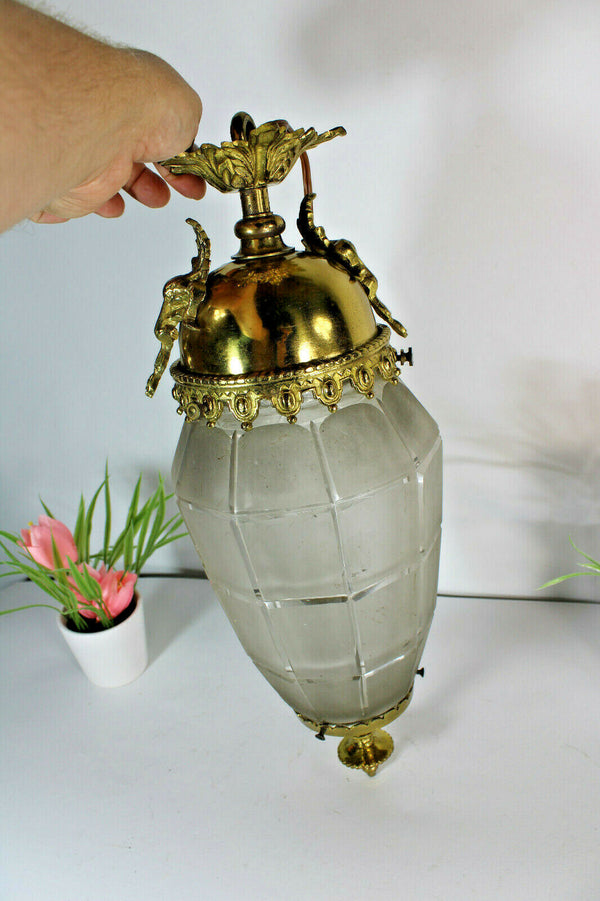 Antique french bronze glass acorn lantern chandelier lamp ram heads