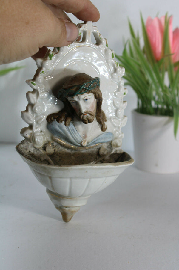 Antique French porcelain bisque rare holy water font christ religious