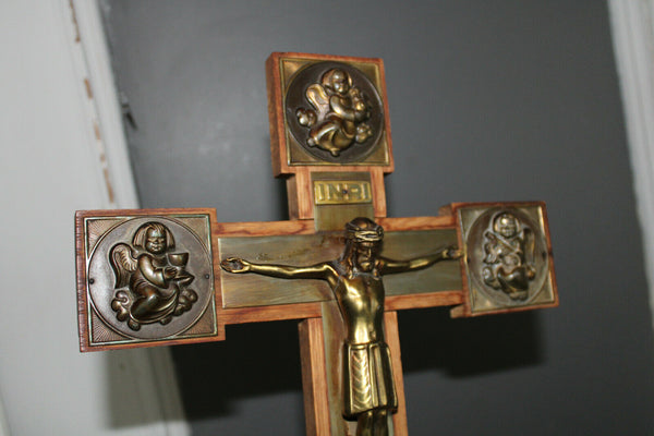 Vintage french crucifix wood metal angels 1960s