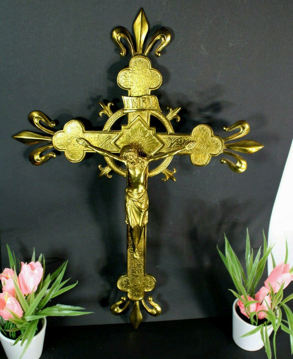 French bronze fleur de lys religious WAll crucifix cross gold gilt