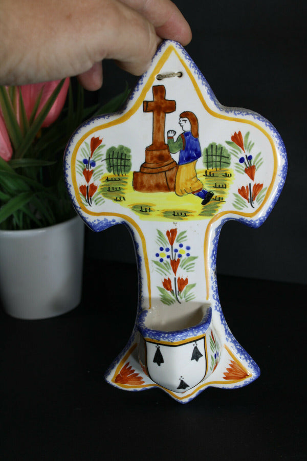 Antique french ceramic henriot quimper signed holy water font religious