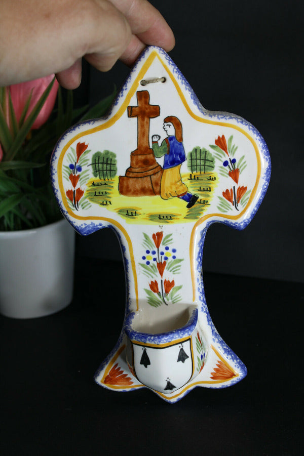 Antique french ceramic henriot quimper signed holy water font religious