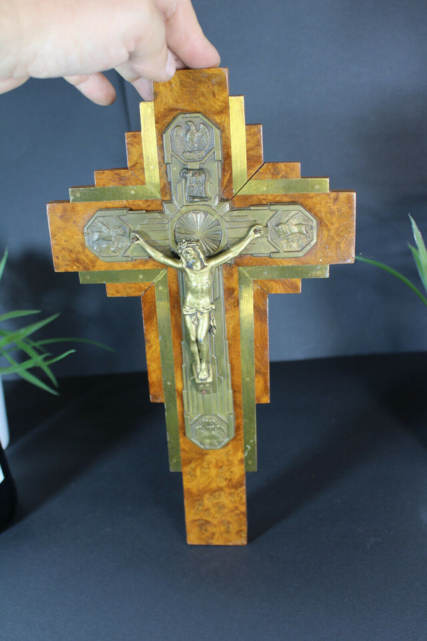 Antique art deco french Crucifix wood metal 4 evangelists