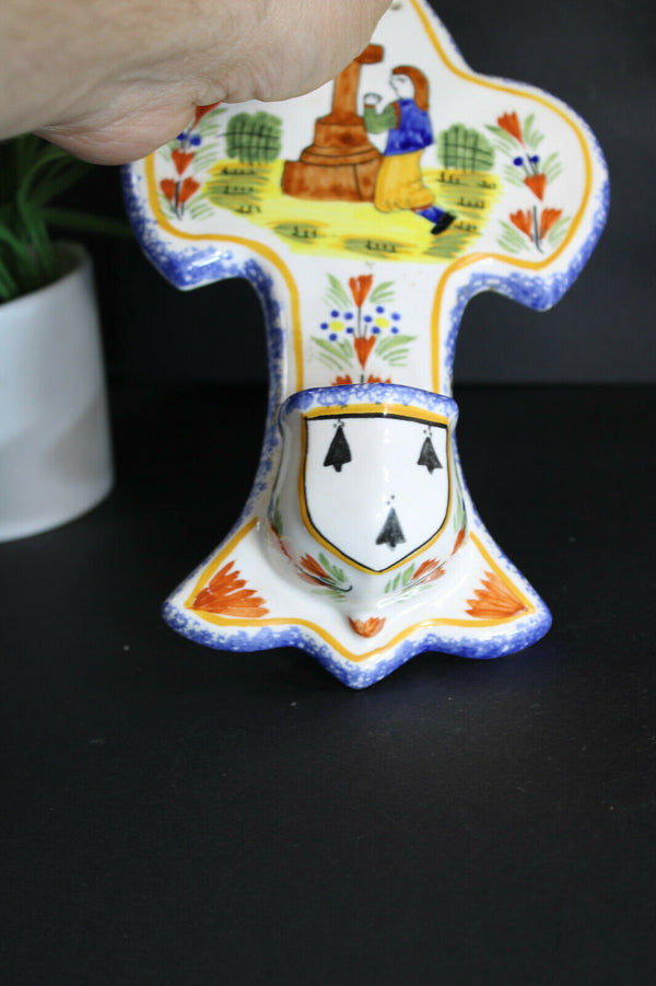 Antique french ceramic henriot quimper signed holy water font religious