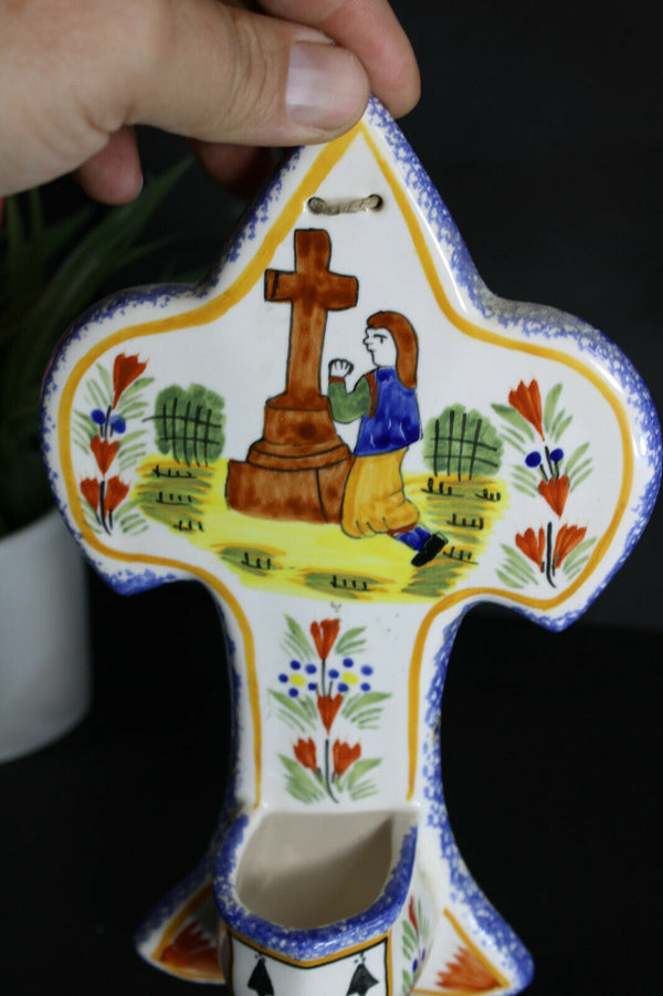 Antique french ceramic henriot quimper signed holy water font religious