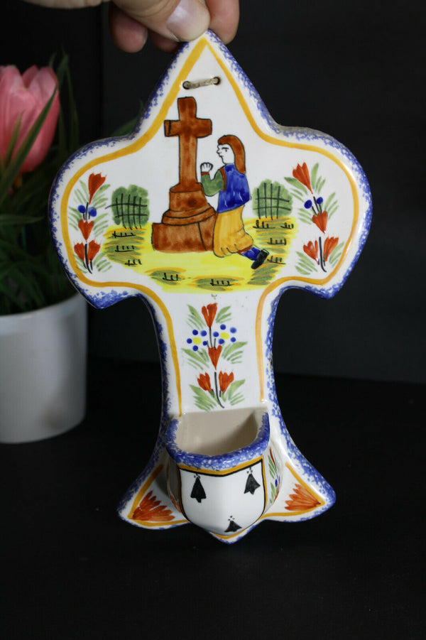 Antique french ceramic henriot quimper signed holy water font religious