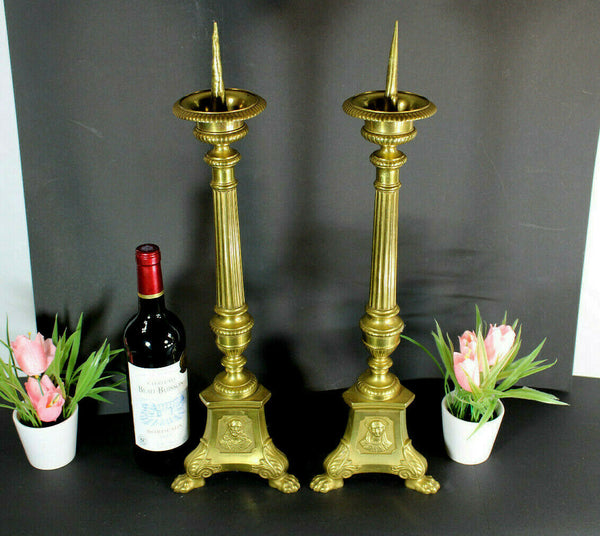 PAIR antique religious bronze altar tripod candlesticks candle holder