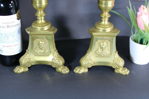 PAIR antique religious bronze altar tripod candlesticks candle holder