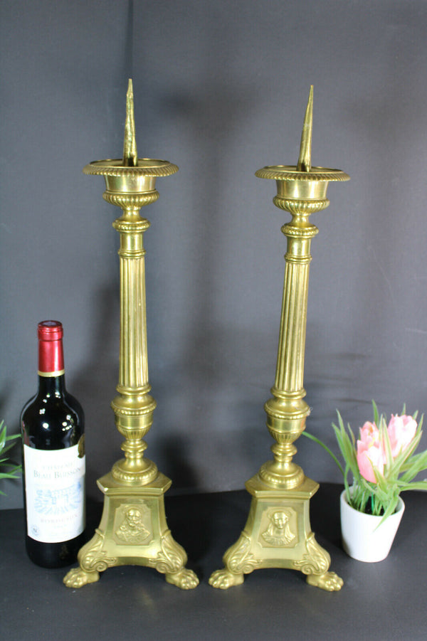 PAIR antique religious bronze altar tripod candlesticks candle holder