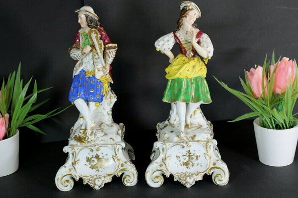 PAIR antique french vieux paris porcelain pique fleur figurine statue 19thc