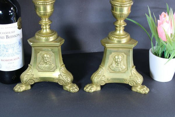 PAIR antique religious bronze altar tripod candlesticks candle holder