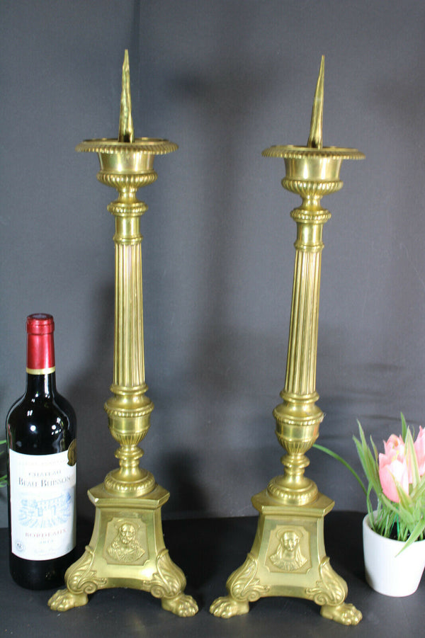 PAIR antique religious bronze altar tripod candlesticks candle holder