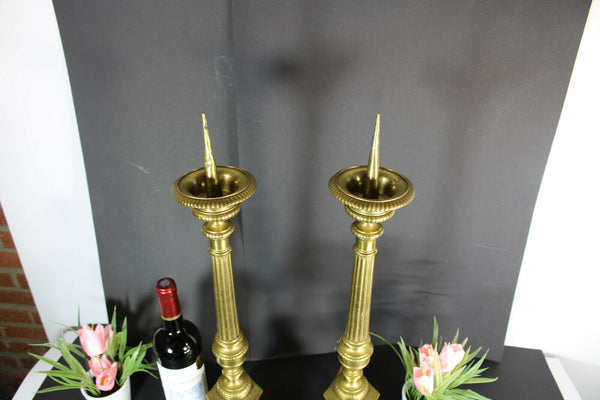 PAIR antique religious bronze altar tripod candlesticks candle holder