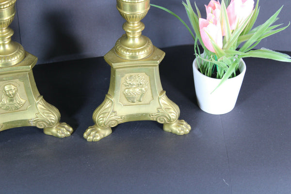 PAIR antique religious bronze altar tripod candlesticks candle holder