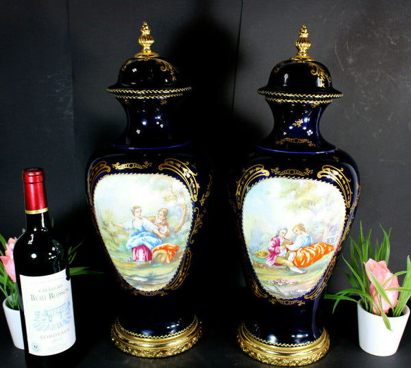 PAIR French limoges cobalt porcelain Vases romantic victorian scenes