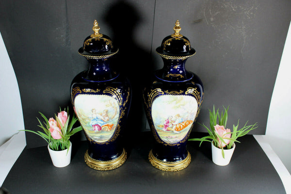 PAIR French limoges cobalt porcelain Vases romantic victorian scenes