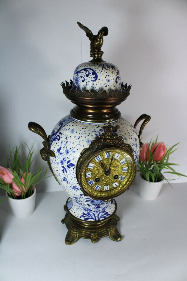 Antique Belgian Boch pottery Delft decor caryatid head bird clock