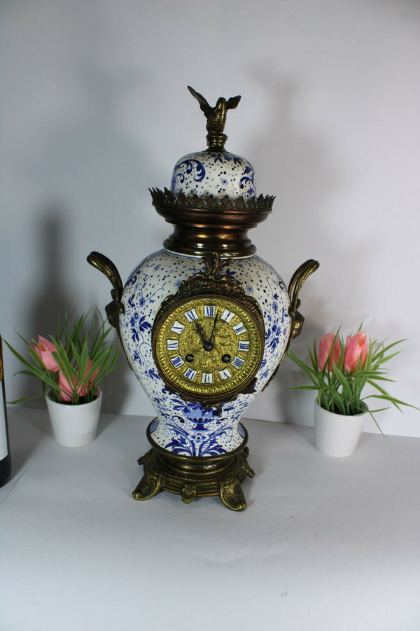 Antique Belgian Boch pottery Delft decor caryatid head bird clock