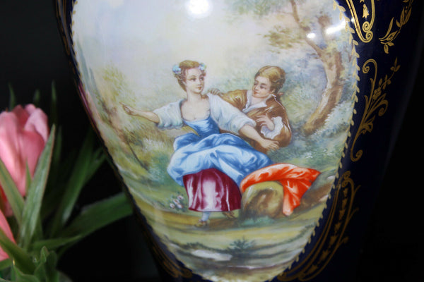 PAIR French limoges cobalt porcelain Vases romantic victorian scenes